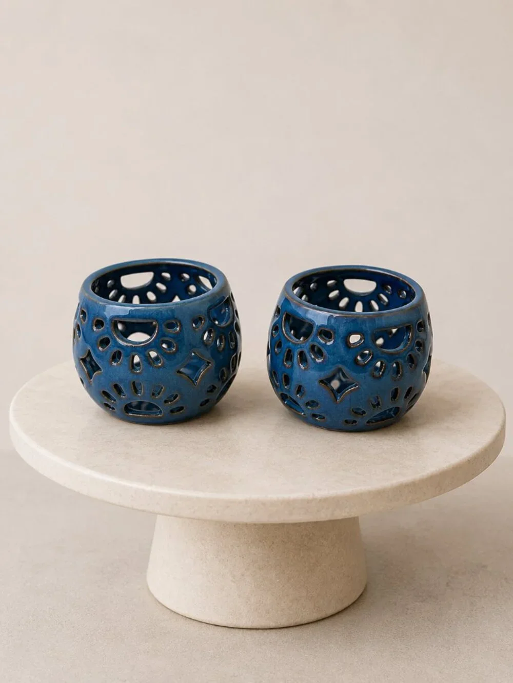 Pair Blue Pierced Ceramic Tea Light Candle Holders Lantern Votive Decor